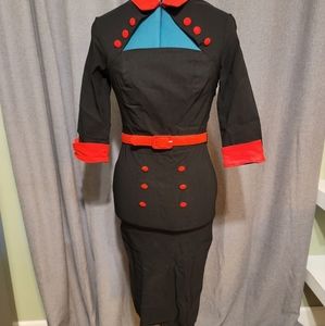 Hell Bunny Vixen black and red wiggle dress with red waist belt. Size XS.